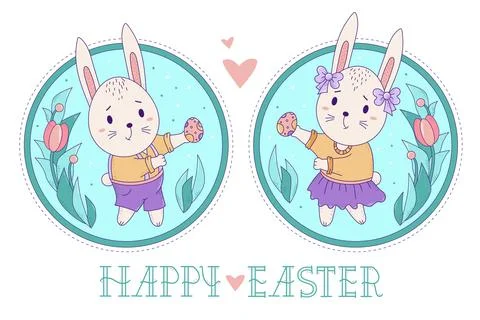 A pair of cute rabbits. Easter bunny girl with bows and in a skirt and a boy in  Stock Illustration