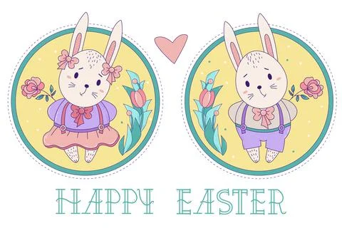 A pair of cute rabbits. Easter bunny girl in a skirt and a boy in shorts with a  Ilustração Stock