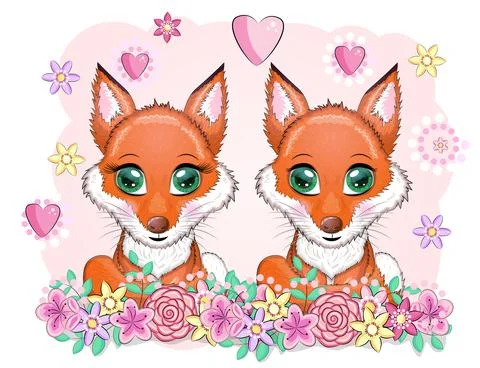 Pair of cute red foxes with a fluffy tail among flowers, greeting card, child Ilustração Stock