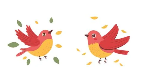 A Pair of Cute Red Robin Bird Animal with Leaves in the Park Ilustração Stock