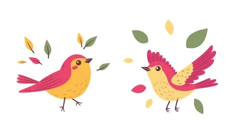 A Pair of Cute Red Robin Bird Animal with Leaves in the Park Ilustração Stock