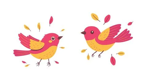 A Pair of Cute Red Robin Bird Animal with Leaves in the Park Ilustração Stock