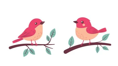 A Pair of Cute Red Robin Bird Animal Perched on Tree Branch Illustrazione stock