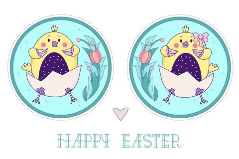 A pair of cute yellow birds. Easter chicks girl and boy in an egg with a bouquet Stock Illustration