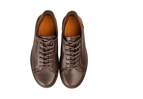 Pair of dark brown leather low-top sneakers on plain white background, top-.. Stock-Fotos