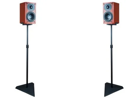 Pair of dark cherry loudspeaker on stands Stock Photos
