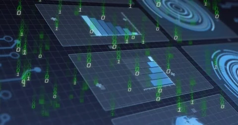 Pair data panels morphing into bar charts after thin green binary streams Stock Footage 328469772