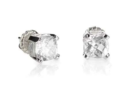 Pair of diamond stud cushion cut white quarts earrings Stock Photos