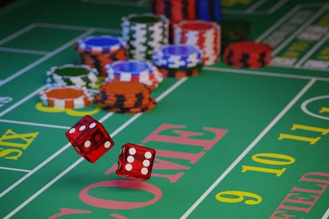 A pair of dice rolling down a craps table with copy space. Selective focus.Ga Stock Illustration