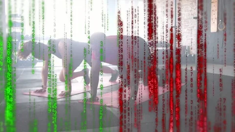 Pair doing plank knee-drives on pink mats, numeric code overlay rising then Stock Footage 333368572