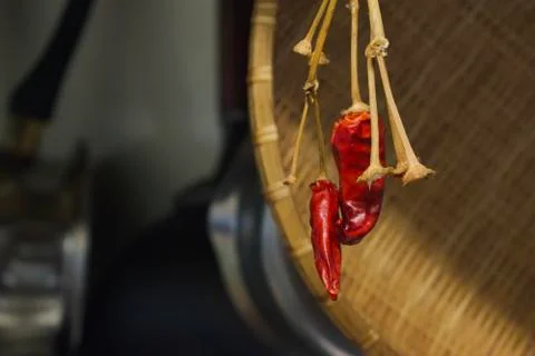 Pair of dried chillies in a kitchen Stock Photos