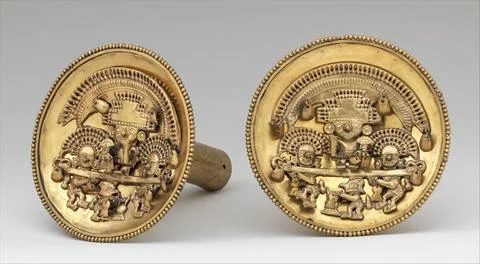 Pair of Earflares with Multifigure Scenes 12th15th century Chim Ear ornamen.. Stock Photos