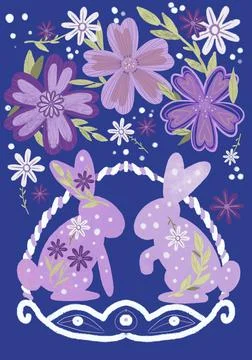 Pair of Easter bunnies with flowers Stock Illustration