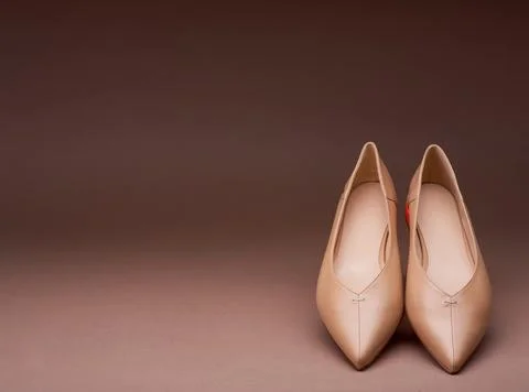 A pair of elegant beige pointed-toe low-heeled shoes at an angle and inclin.. Stock Photos
