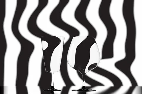 Pair of empty wine glasses and wine on the stripped background. 3d illustration Stock Illustration