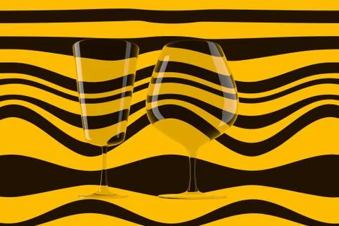 Pair of empty wine glasses and wine on the stripped background. 3d illustration Ilustração Stock