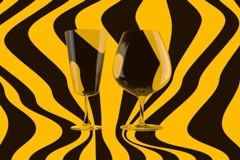 Pair of empty wine glasses and wine on the stripped background. 3d illustration Ilustração Stock