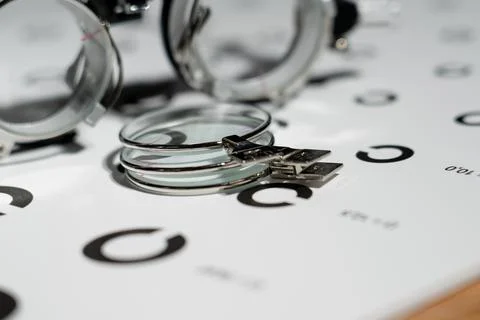 A pair of eyeglasses sits on a table with a chart in the background Stock Photos