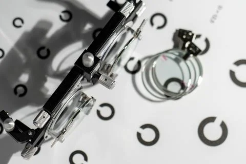A pair of eyeglasses sits on a table with a circle patterned background 스톡 사진