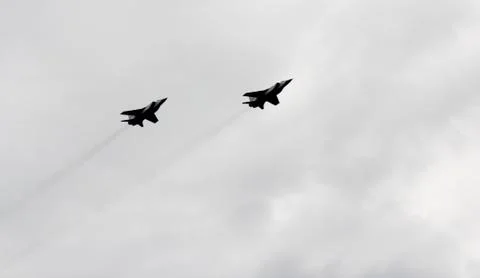 A pair of fighters in the gray sky. Stock Photos