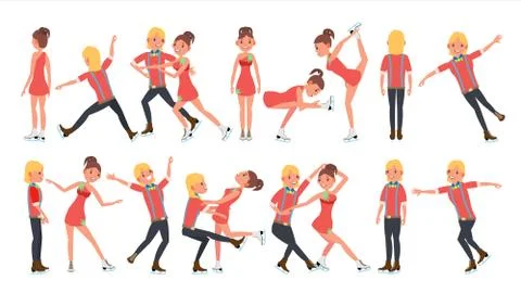 Pair Figure Skating Couple Boy And Girl Vector. Skate Male And Female. Traini Ilustração Stock