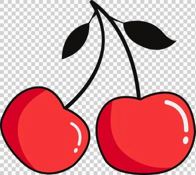 Pair of flat-design cherries hanging from black stems with leaves on transparent Ilustração Stock