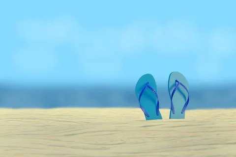 Pair of flip flops on the beach with the sea in the background. Selective foc Ilustração Stock