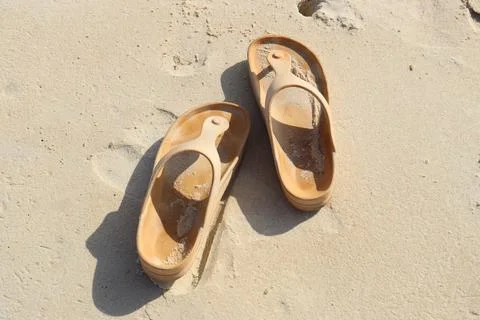 A pair of flip-flops, dusted with sand, rests where land meets sea. Stock Photos