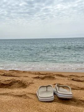 A pair of flip flops on a sandy beach with ocean and cloudy sky concept of su Stock Photos