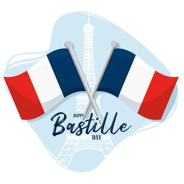 Pair of french flags and eiffel tower landmark Happy bastille day Vector イラスト素材