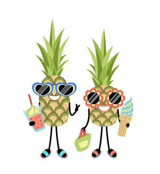 Pair of funny pineapples characters on vacation with sunglasses. Cartoon, flat Stock Illustration