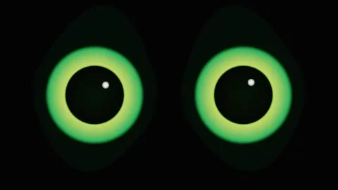 Pair of glowing green cat eyes in darkness blink. 4K Stock Footage 344845469