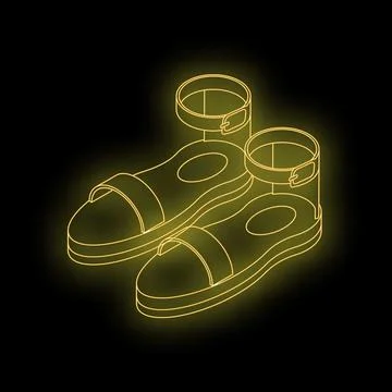 Pair of golden sandals with ankle strap glowing on black background Stock Illustration