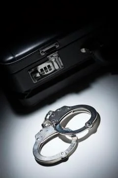 Pair of Handcuffs and Briefcase Under Spot Light Abstract. Stock Photos