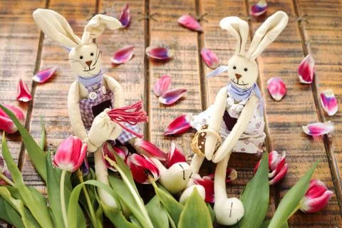 A pair of handmade Easter rabbits made of cloth Stock Photos