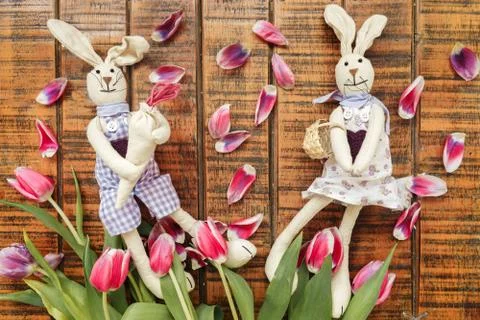 A pair of handmade Easter rabbits made of cloth Foto stock