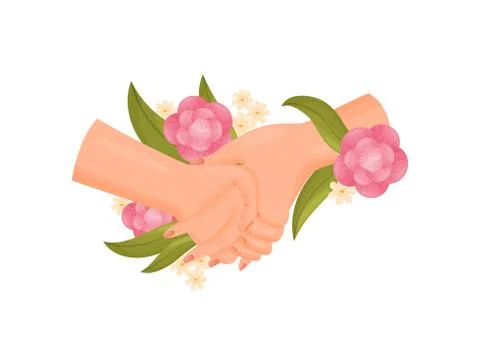 Pair of hands drezhat each other. Decorated with flowers. Vector illustration on Ilustração Stock