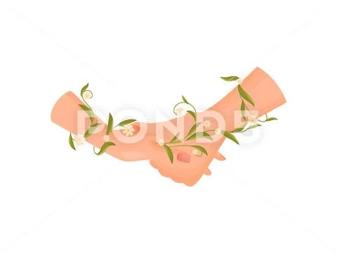 Pair of hands drezhat each other. Decorated with vine with leaves and flowers Stock Illustration