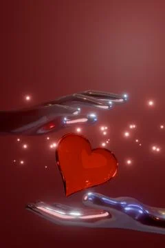 A pair of hands exchanging a glowing red heart Illustrazione stock
