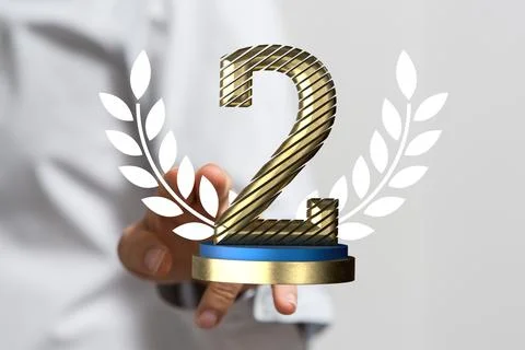 Pair of hands holding a 3D render of a second place trophy 스톡 사진