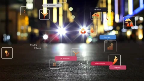 Pair headlights entering, starting social UI badges floating over asphalt, Vídeo Stock 334418659