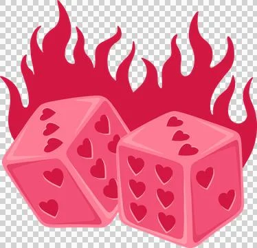 Pair of heart piped dice are floating in 3D render with red flames on Ilustração Stock