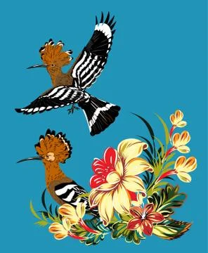 A pair of hoopoes in thickets of wildflowers Stock Illustration