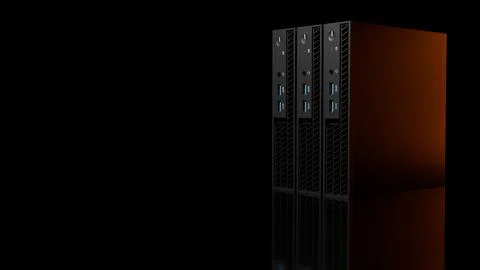 Pair of horizontal ISP server towers with orange glow on black Illustrazione stock