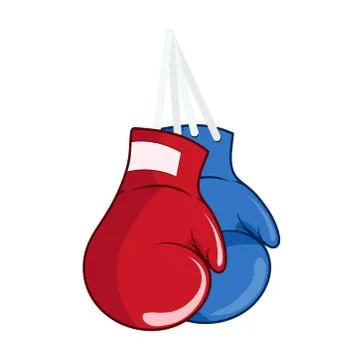 Pair of hung up boxing gloves red and blue in cartoon style for sport competi Stock Illustration