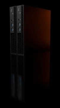 Pair of ISP server computers isolated on black background with glow Illustrazione stock