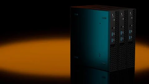 Pair of ISP servers with spotlight and blue glow on black background Stock Illustration