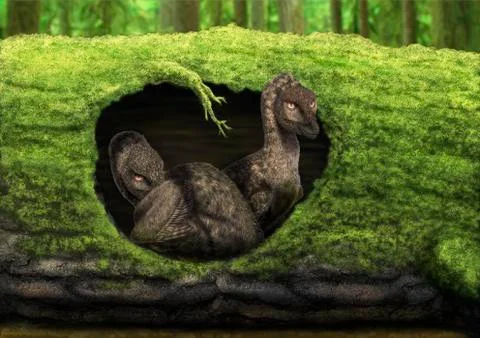 A pair of juvenile troodons in the hollow of a tree. Stock Illustration