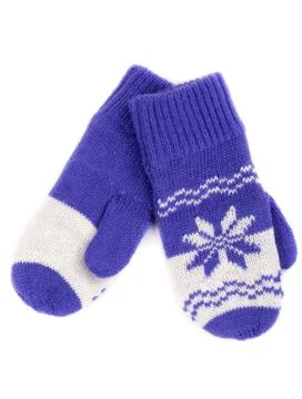 Pair of knitted mittens with pattern snowflake Stock Photos