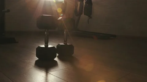 Pair of large metal non-collapsible strength training dumbbells stand on the gym Vidéo 145793055